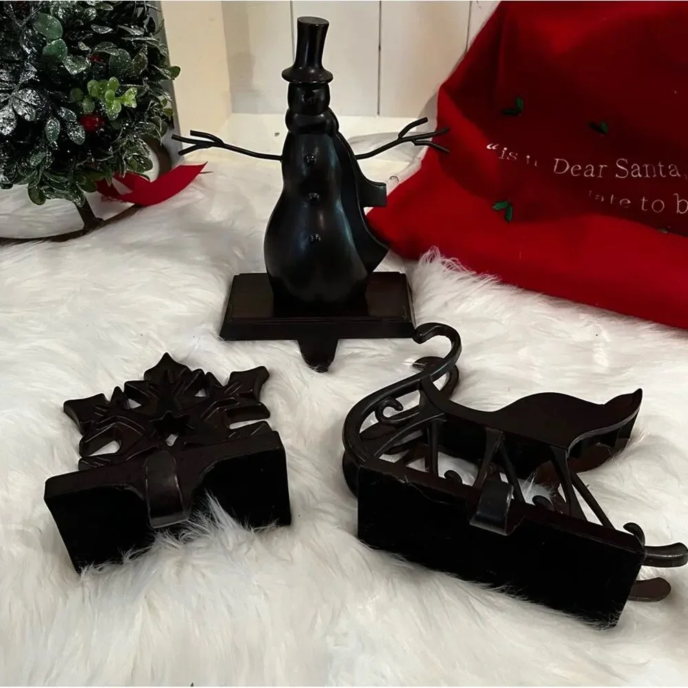 NEW Pottery Barn Bronze Snowman Snowflake Christmas Holiday Stocking Holders